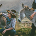 Female conservationist wearing a hat petting a donkey