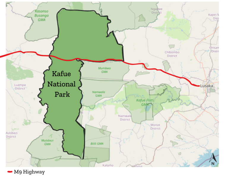Map of Kafue National Park showing the M9 Highway in red - Credit: CLLC/Melissa Butynski