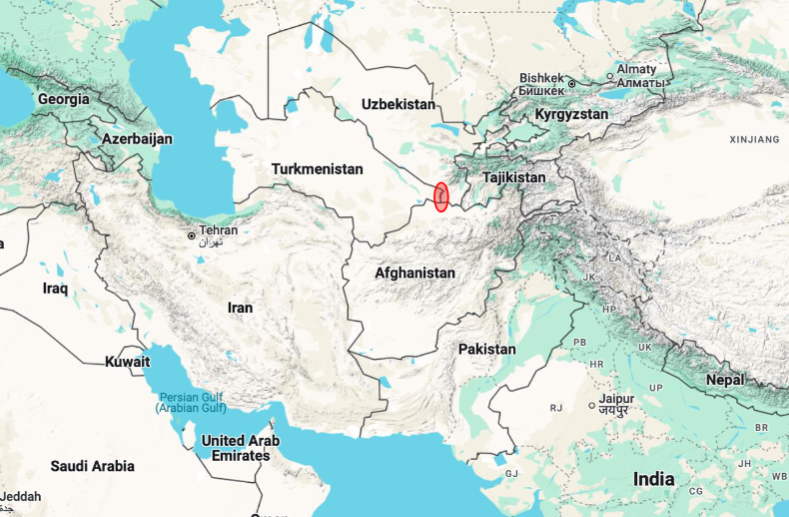 The red circle highlights the transboundary project area spanning Koytendag State Nature Reserve in Turkmenistan and Surkhan State Nature Reserve in Uzbekistan.